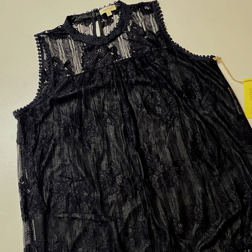 Paper+Tee Floral Lace Overlay Sleeveless Dress Size 2X Black Scallop Fringe NWT